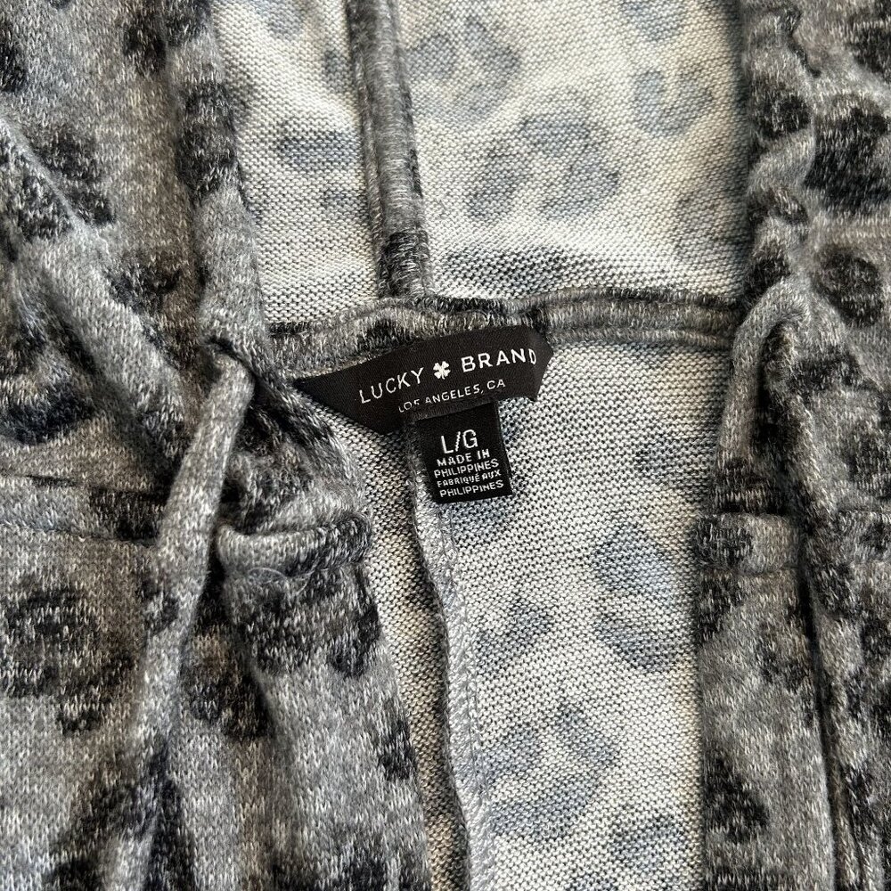 Lucky Brand Cardigan Hoodie Sweater Large Gray Leopard Print Loungewear - Picture 7 of 14
